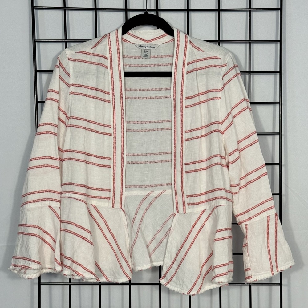 Tommy Bahama Marcella Stripe Jacket Womens Large White Pink Linen Bell Sleeve‎